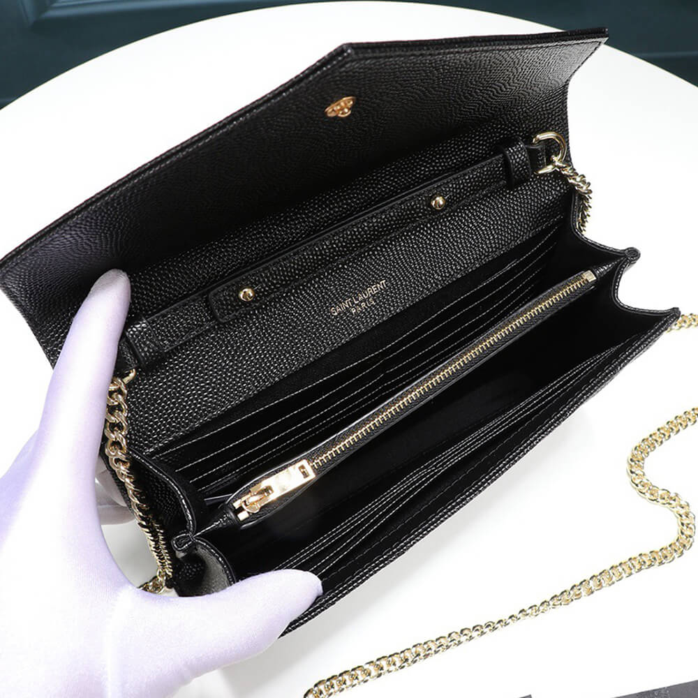 Saint Laurent Chain-strap YSL-plaque grained-leather wallet