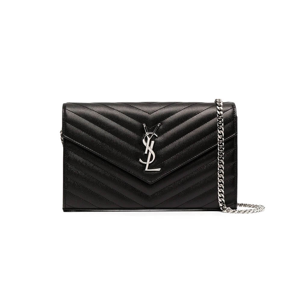 Saint Laurent Chain-strap YSL-plaque grained-leather wallet